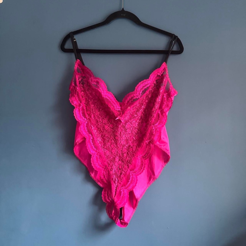 Vintage Pink Lace Bodysuit Women's Size Large Alana Gale Nighty Lingerie Sheer